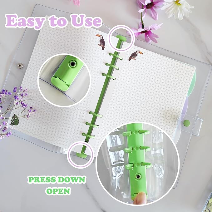 DY.2ten Pack of 2 Transparent Soft PVC 6-Ring Binder Cover with Snap Button Closure for 6 Hole Planner Pages Refill Insert (A5, Clear Cover + Yellow/Green Binder)