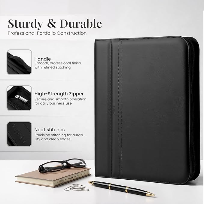 3-Ring Padfolio Portfolio Organizer Binder,Faux Leather Interview Resume Folder,Letter Size A4 Legal Writing Pad Holder for Business School Office Conference Notepad Clip Boards (Black)