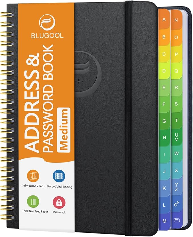 Address Book with Alphabetical Tabs-Address and Password Book for Seniors - Hardcover Spiral Bound Phone Book- Record Contacts, Website Login Passwords, Special Days -5.7" x 7.7", Black