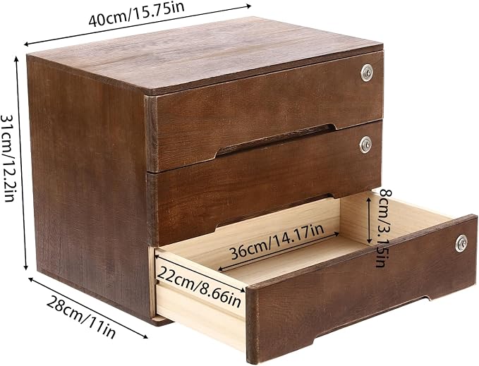 Wooden Desktop Storage Cabinet with 3 Lockable Drawers, Office Desk File Organizer, Small Wooden Drawer Storage Box for Home Office Supplies, Sewing Kits,Vanity, Walnut Color