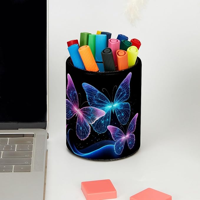 Leather Pen Holder for Desk, Blue Glitter Butterfly Makeup Brushes Holder Pencil Cup Multifunctional Desktop Organizer Caddy for Home School Office Desk Accessories