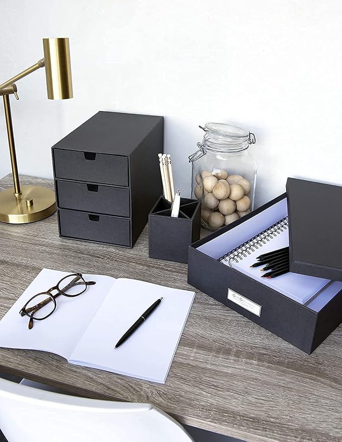 Bigso Ingrid 3-Drawer Fiberboard Desk Organizer for Office Supplies and Accessories - Stackable Makeup Drawer Organizer - 6.3in x 9.9in x 8.1in - Dark Grey