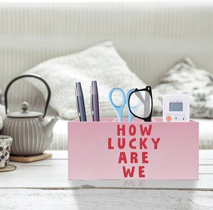 Pink Positive Quotes Makeup Brush Holder, Pink Preppy Toothbrush Holders for Girls Bathroom, How Lucky Are We Pen Holder Organizer for Dorm Bedroom Desk Accessories