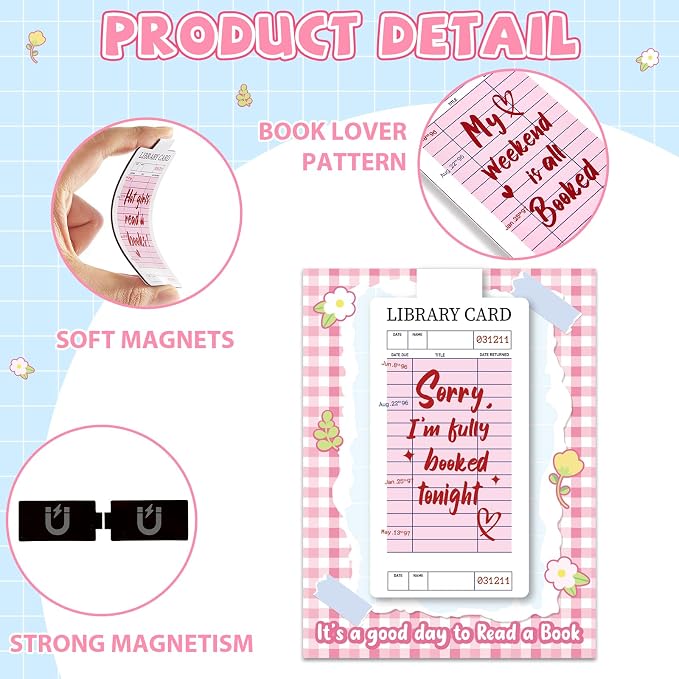 10 Pieces Pink Library Card Magnetic Bookmarks Magnetic Book Marks for Reading Magnet Bookmark Clips for Women Book Lovers Girls Students Reading Accessories Bookish Gift Birthday Gifts