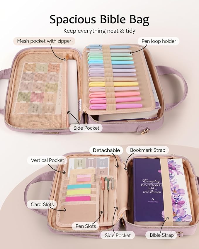 BellaHold Bible Cover Case for Women, Large Bible Bag with Study Supplies, Bible Journaling Kit with Highlighters and Pens No Bleed, Christian Gift for Women (Shoulder Strap, Dusky Rose)