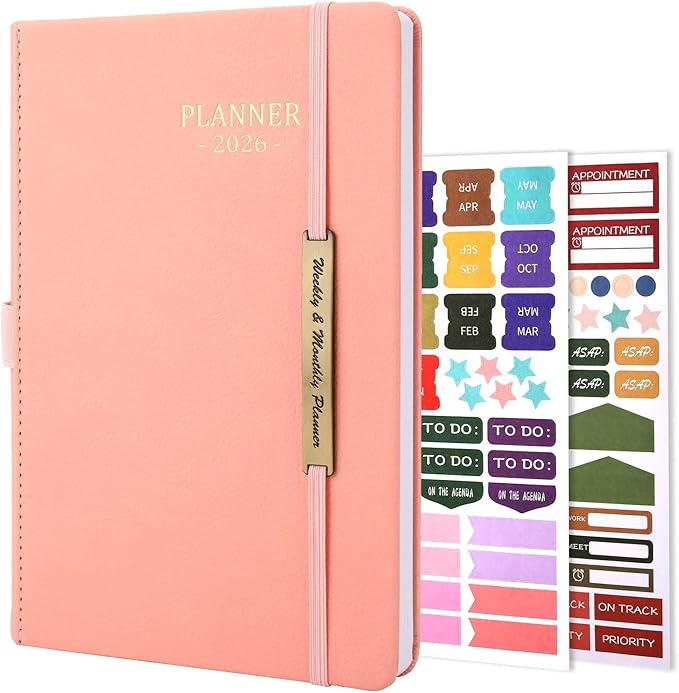 Tiankool Planner 2026, Jan 2026 - Dec 2026 Weekly Monthly Planner with Stickers, Elastic Closure, Inner Pocket, Round Corner, 5.8" x 8.25" - Pink