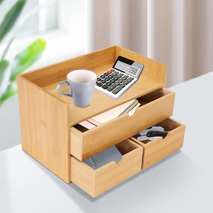 Office Storage Supplies Table Organizer For Bamboo Desk with 3 Drawer, Drawer Tabletop Storage Organization Box for Office Home Toiletries Supplies