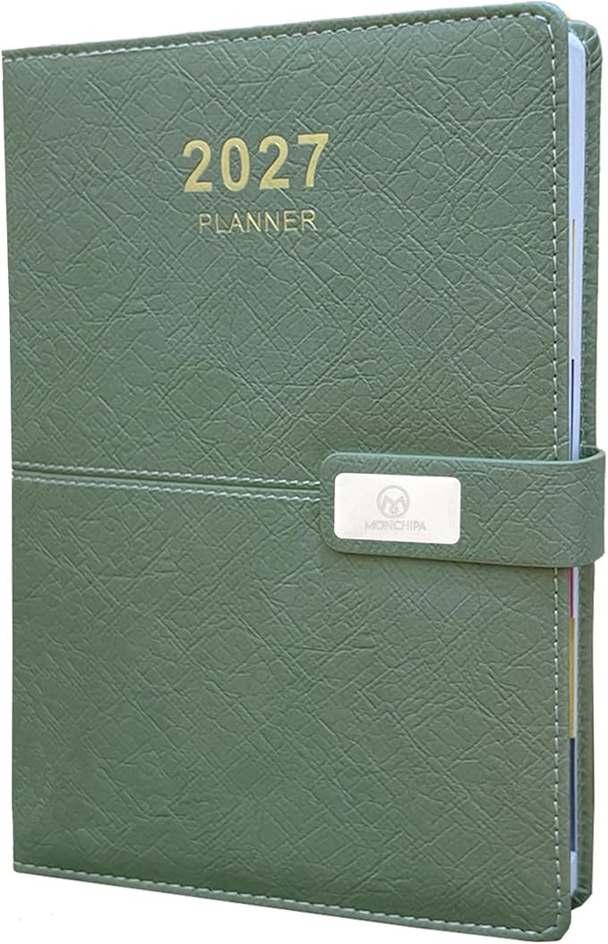 2027 Daily Planner - One Page per Day, 2027 Hourly Daily Calendar(Jan-Dec 2027), 5.7" x 8.26" Appointment Book, Leather Cover + Thick Paper (Green)