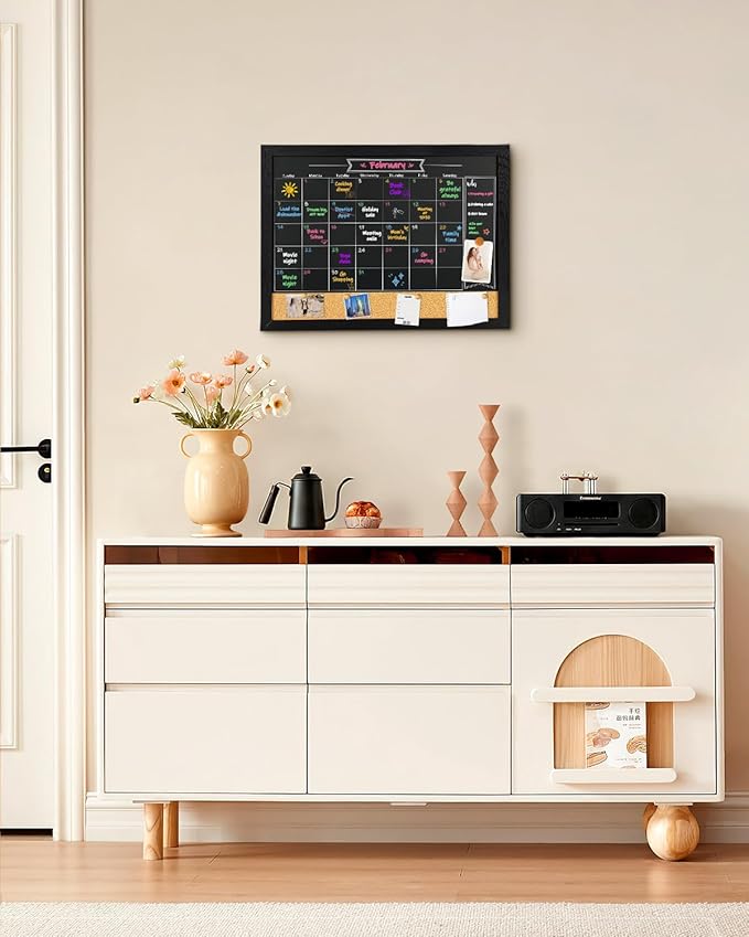 TORASO Magnetic Chalkboard Calendar Corkboard, Small Combination Chalk Board Bulletin Board, 13" x 17",Black Wood Framed Blackboard Calendar Cork Combo Board(ZHHB-BK-3343)
