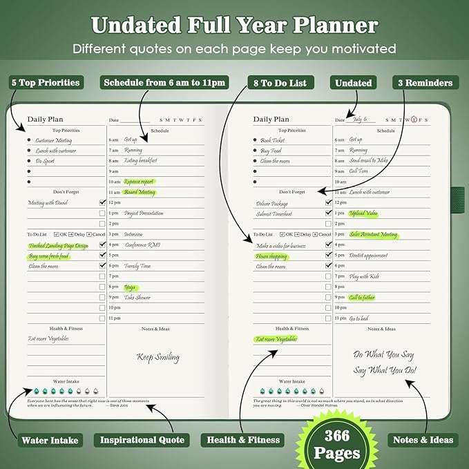 Asten Planner, Undated Daily Planner with To Do List, 365 Days Planner for ADHD, Hourly Planner Notebook for Goal Setting, Productivity Organizer with Calendar, 8.3'' x 5.8''(Green)