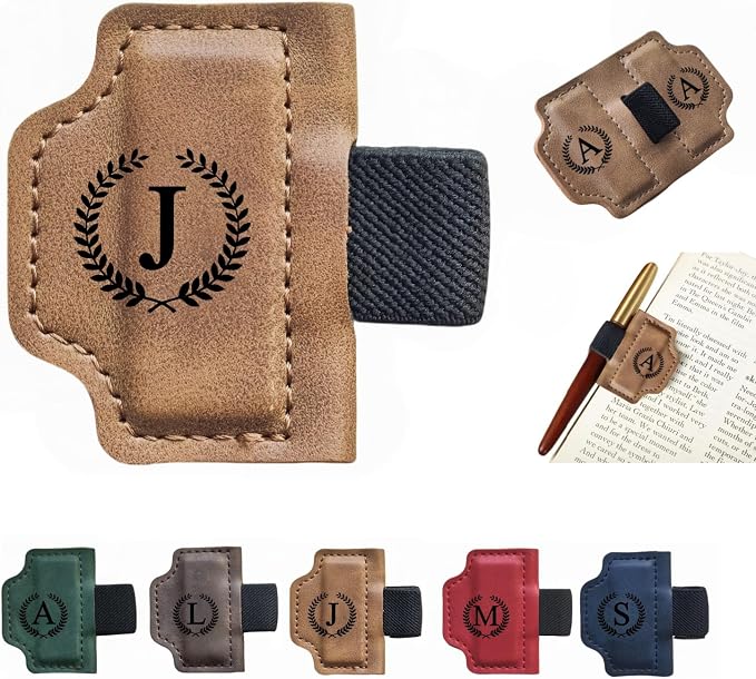 MOTEERLLU Custom Bygonemark Personalized Magnetic Leather Pen Holder Bookmark with Initial for Reading Women, Men, Teacher, Book Lovers Gifts & Accessories(Brown,J)