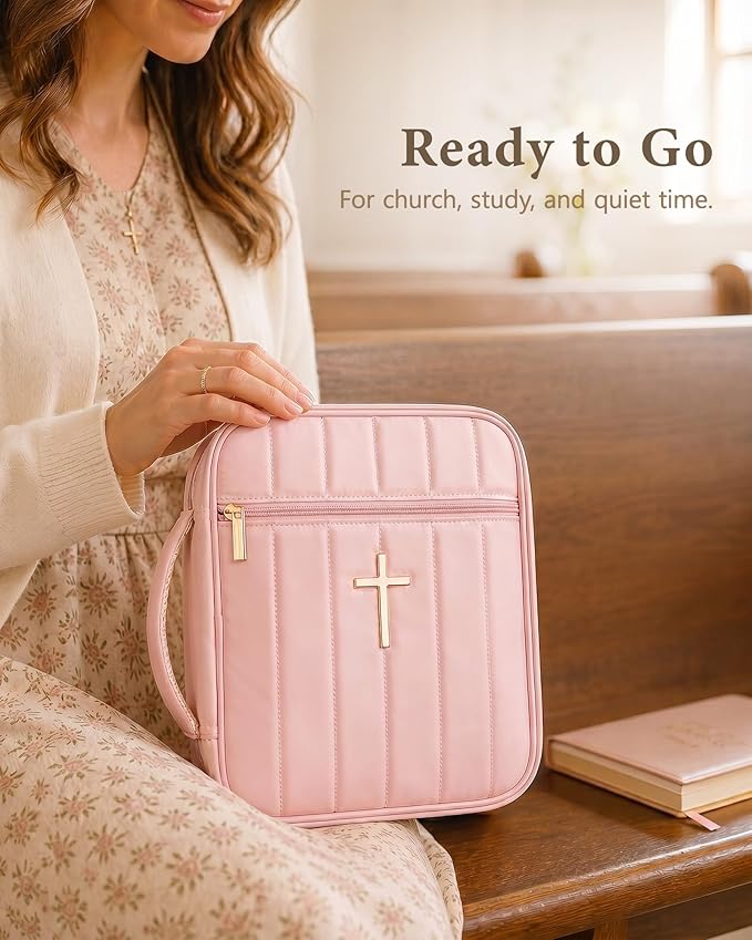 Wuflyover Bible Bag for Women with Study Set, Quilted Bible Cover Case with Handle, Bible Carrying Case for Church, Tabs, Notes, Pens and Highlighters, (Pink+Study Accessories)