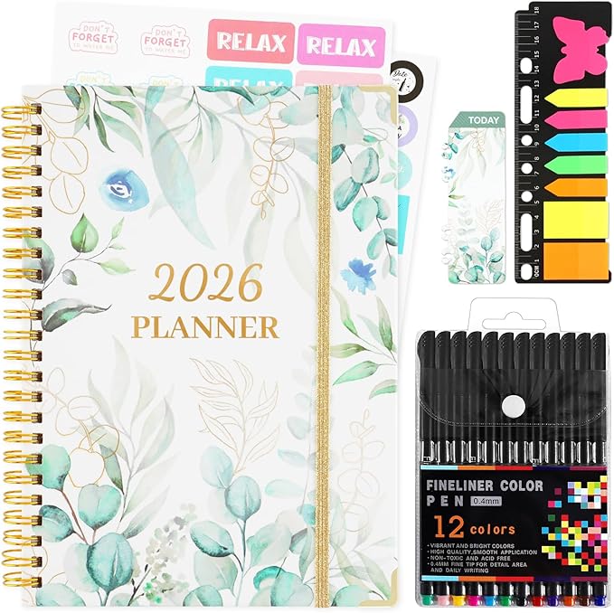 2026 Planner, Daily Weekly Monthly Planner with Tabs, 2026 monthly planner with Color Pen, Sticky Notes and Stickers, 6.2" x 8.5", Durable Twin Wire Binding, Storage Pocket -Eucalyptus Leaves Green