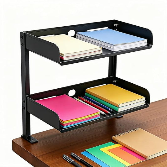 CanKing Desk Clamp Shelf 16 Inch Metal Organizer 2 Tier Adjustable Storage Rack Fits on or Under Table for Desktop Accessories Tray