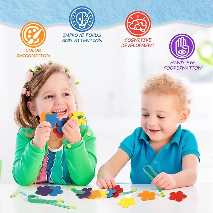 Tegeme 12 Sets Felt Buttoning Game Felt Craft Flower Buttoning Practice for Kids Montessori Practical Craft for Fine Motor Skills, Preschool Curriculum, Primary and Secondary Colors, Rainbow Activity