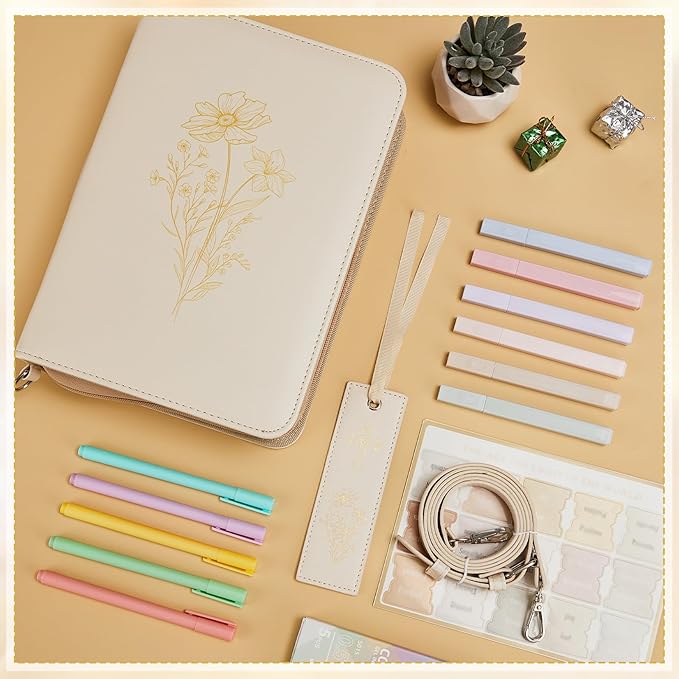 19PCS Floral Beige Leather Bible Cover for Women Bible Cover Cases for Teen Girls Christmas Gift Christian Church Carrying Bag Journaling Kit with Shoulder Strap Highlighter Pens & Book Marker