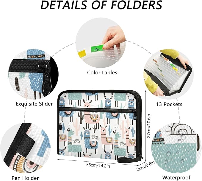Cartoon Cute Alpaca 13 Pockets Expanding File Folder with Sticky Labels Accordion File Folder Document Organizer Letter Size A4 Papers Expandable File Keeper