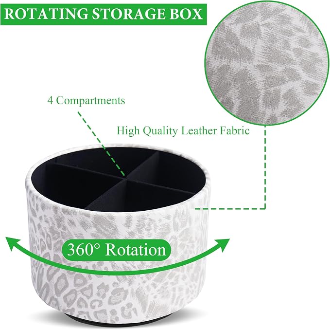 Round Leather Art Supply Organizer,Remote Control Holder,360 Degree Rotating,Multi-Functional Pencil Holder,4 Compartments Desktop Stationary Organizer(1-Leopard White)