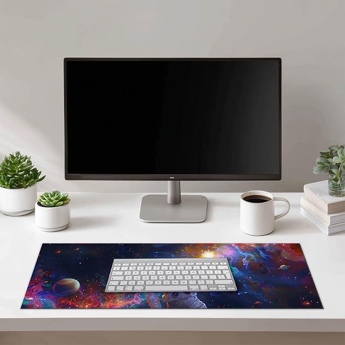 HOMETITUTE XL Mouse Pad 31.5 x 11.8 in Space Astronaut Desk Mat Large Extended Keyboard Mousepad Non Slip Waterproof Nebula Design for Gaming Office Home
