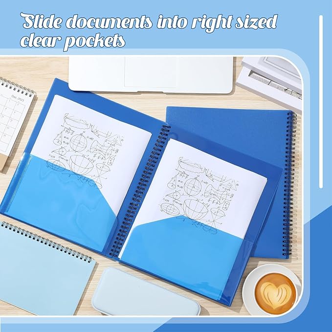 Seajan 8 Pcs 10 Pocket Folder Blue Sturdy Plastic Spiral Portfolio Multi Pocket Folder Organizer Document Folders Plastic Spiral Project Organizer for School Office