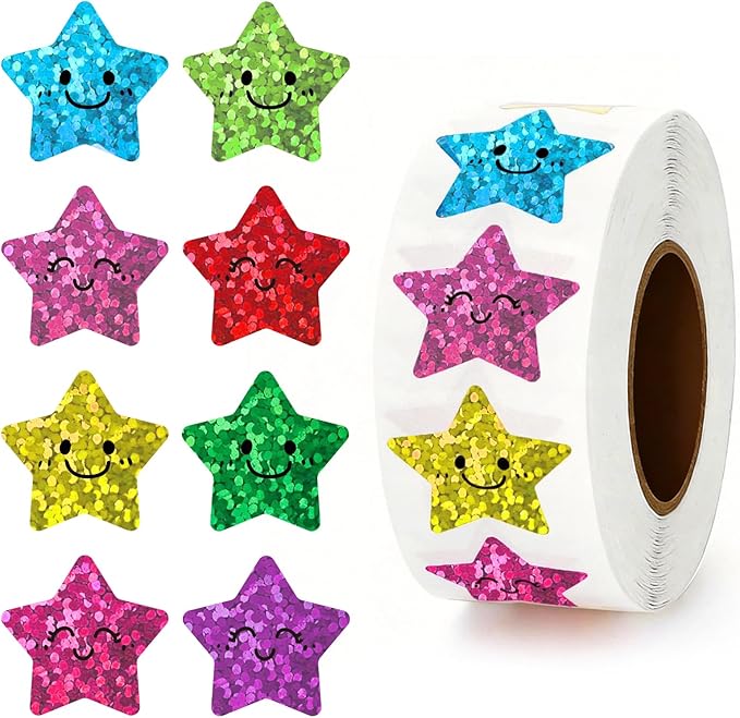 1000Pcs Smiley Face Star Stickers - 1 Inch Glitter Sparkly Reward Stickers, 8 Colors Self-Adhesive Foil Decals for Kids, Teacher Classroom Supplies, Planners, Scrapbooking & DIY Crafts