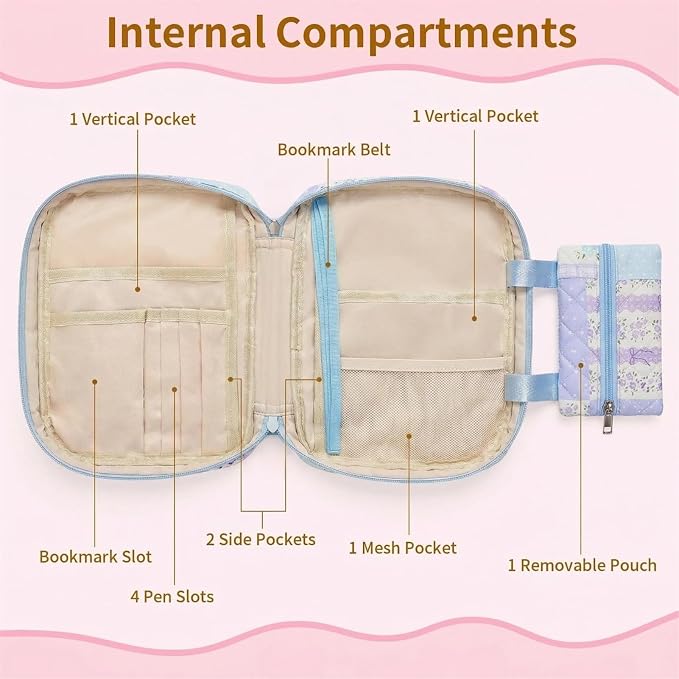Quilted Bible Cover for Women, Zippered Bible Case with Handle, Bible Organizer Bag w/Multiple Pockets & Pen Slots Lightweight Bible Tote Bag for Church Study, Gifts for Women (Spliced Flower, Blue)