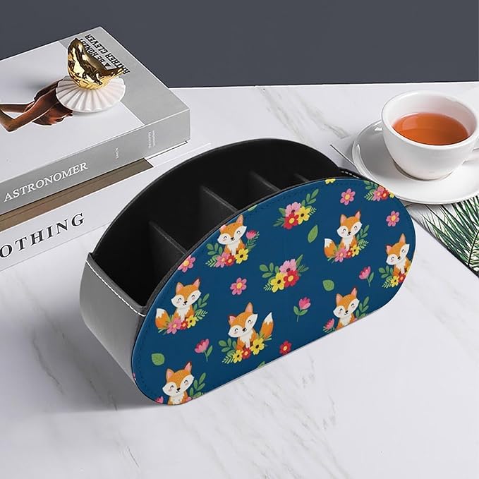 Remote Control Box with 5 Compartments, PU Leather Storage for Media Players, TV Remotes, and Bedside Table, Cute Fox