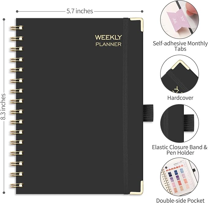 RETTACY Undated Planner, Weekly and Monthly, 53 Weeks and 12 Months, Medium Size (5.7" x 8.3"), 24 Self-adhesive Monthly Tabs, Hardcover, 100 GSM Thick Paper, Spiral-bound (Black)
