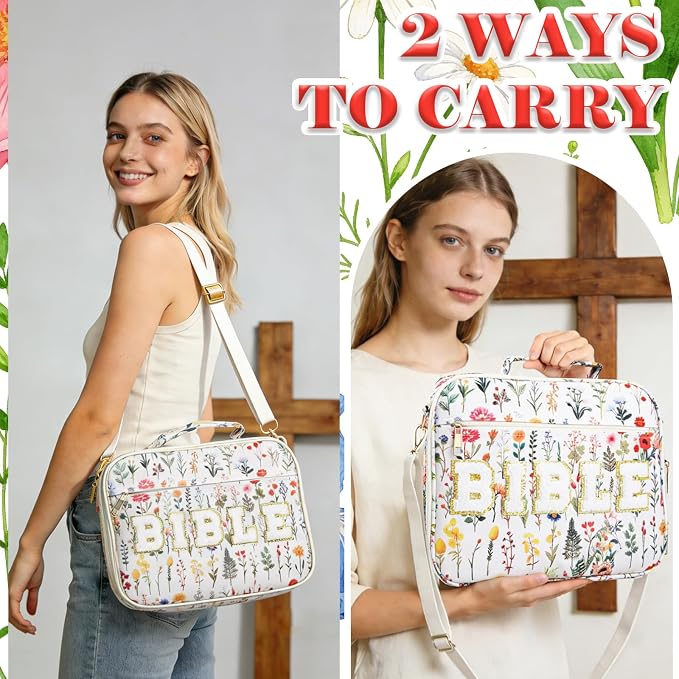Large Bible Cover Case for Women, 12 x 9 x 2.5 Inch Letter Bible Bag with Shoulder Strap Carrying Bag with Tabs 6 Colored Pens 12 Highlighters, Back to School Study Supplies Christian Church Gifts