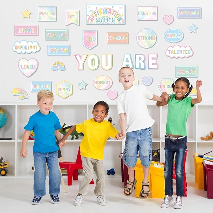 Pastel Affirmation Station Motivational Bulletin Board Set Pastel Rainbow Bulletin Board for Classroom Wall Decor Positive Affirmations Station Posters Mental Health Cutouts for Classroom Mirror Decor