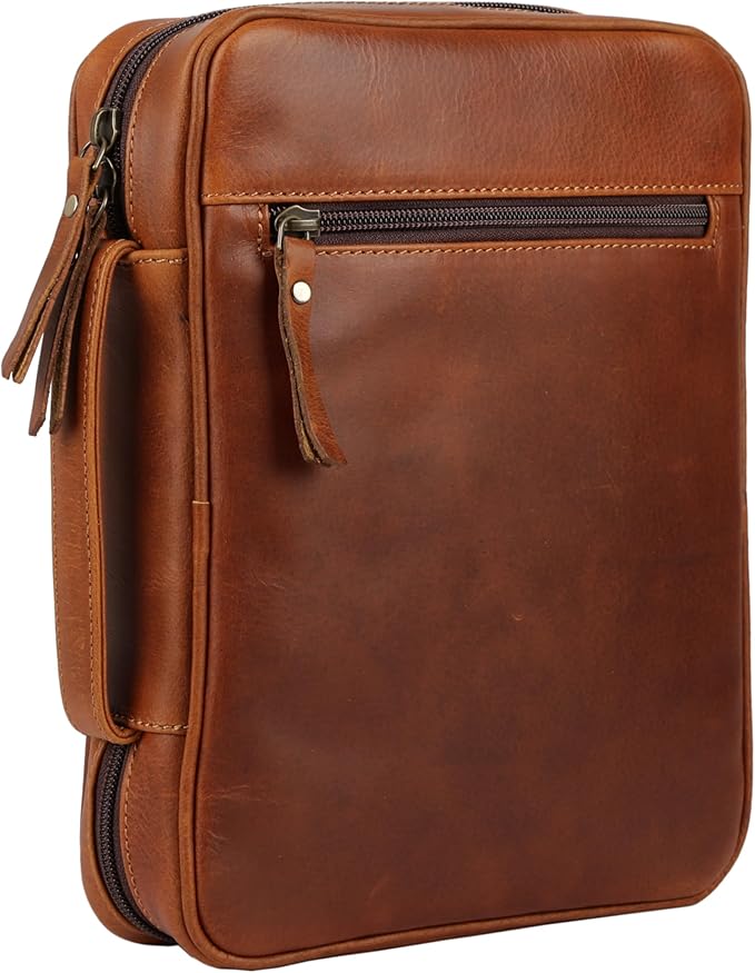 Leather Bible Cover for Men & Women – Zippered Bible Case with Handle, Note & Pen Organizer – Fits Large Study Bible – 11.5x8.5 Inch (Orange)