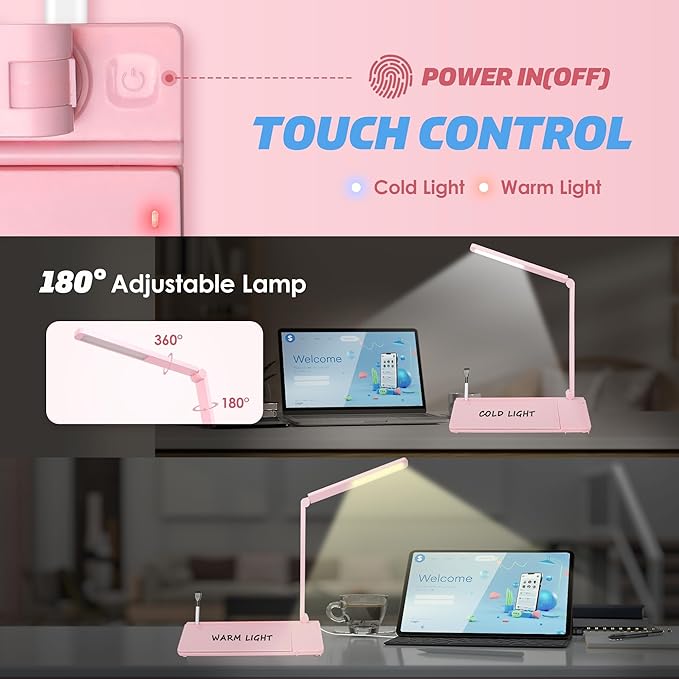 SHANTRA 16'' x 7'' Desktop Whiteboard with Fast Charger Station & Adjustable LED Lamp, Pink Desk Dry Erase Board with Organizer, Computer Pad & Keyboard Stand for Home, School, Office Desk Accessories