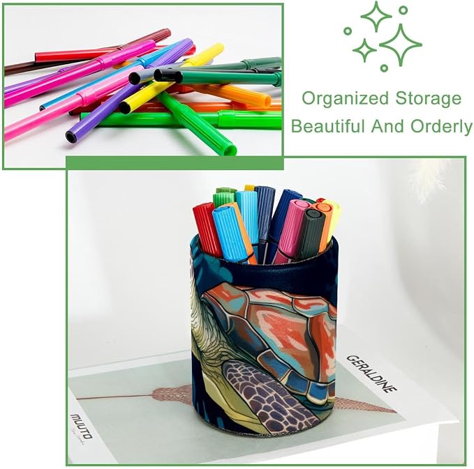 Pen Holder for Desk, Sealife Turtle Leather Round Pencil Cup Stationery Supplies Holder, Large Capacity Makeup Brush Holder for Home, Office