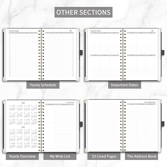 RETTACY Undated Planner, Weekly and Monthly, 53 Weeks and 12 Months, Medium Size (5.7" x 8.3"), 24 Self-adhesive Monthly Tabs, Hardcover, 100 GSM Thick Paper, Spiral-bound (Black)