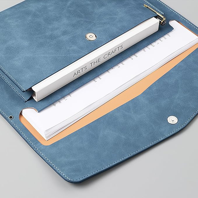 PU Leather A4 File Folder Document Holder with 2 Compartments Envelope Folder Case with Snap Closure for Receipt Contract (Blue)