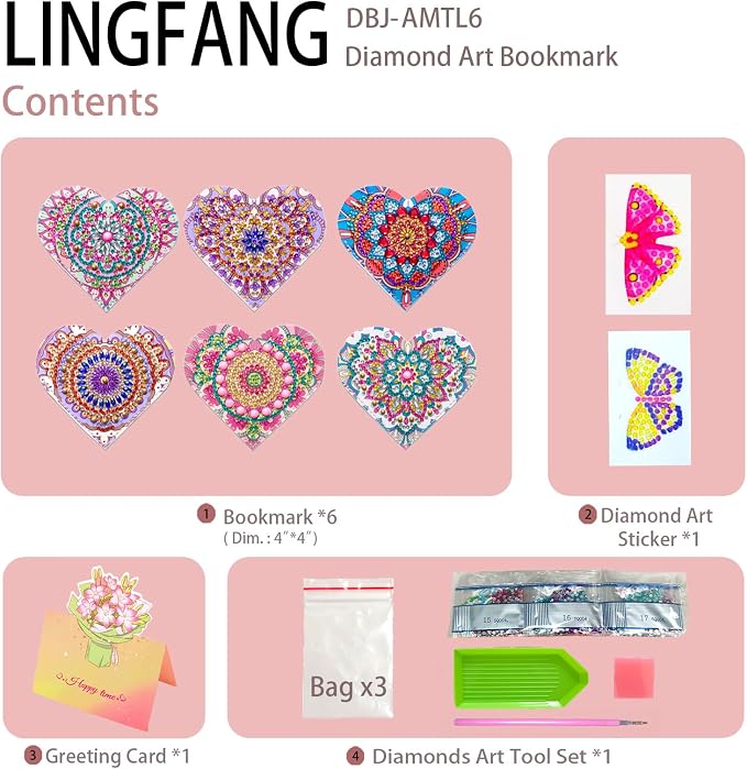 6 Pcs Diamond Painting Bookmark, DIY Corner Book Makers for Adults Book Lovers, Diamond Dot Art Beginner, Small Diamond Art Kits, Paint by Art Crafts Gift for Women Girls (Heart Mandala 6)
