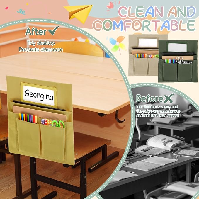 gisgfim 12 Pcs Small Chair Pockets for Classroom 13 x 14 Inch Bag with Name Tag Multi Pockets Chairsback Pouch Organizer for Student Kindergarten Elementary Daycare (Earth Color)