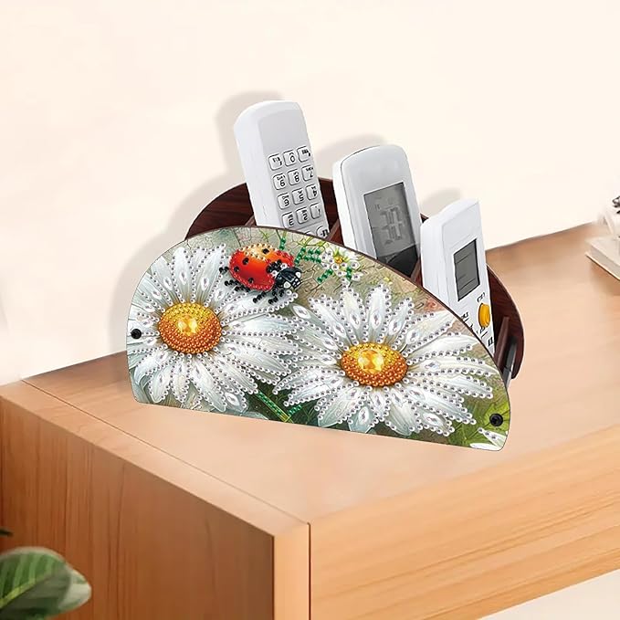 Remote Control Holder with 4 Compartments, DIY Diamond Art Painting Wooden Half Moon TV Control Holder for Remote Controllers, Office Supplies, Makeup Brush, Media Accessories-Daisy