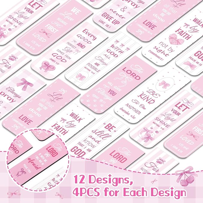 Haooryx Bible Verse Magnetic Bookmarks - 48 Pcs Pink Scripture Verse Inspirational Christian Religious Magnetic Clip Book Marks Motivational Book Page Markers Church Activity Party Favor Reading Lover