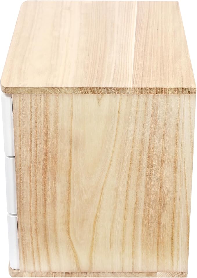 Wooden Desktop Storage Box with Lockable Drawers, Flat File Cabinet Drawer Desktop Storage Box, Countertop Storage Cabinet for Office Home Toiletries Supplies Vanity (natural wood+white, 3 Drawer)
