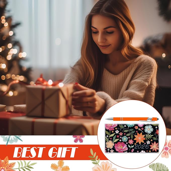 Gueevin 2026 Pocket Calendar for Purse with Pen Small Pocket Planner Handy Weekly Monthly Planner Journal Writing Notebook Valentine New Year Gift Sister Friend Women(Embroidery Floral,Orange Red)