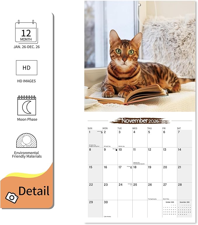 Wall Calendar 2026 Planner Calendar - Bengal Cat Hangable Monthly Wall Calendar with Large Blocks for Organizing & Planning, Academic Schedule, Home, Office & family, Thick & Sturdy Paper (12"x24" Open)