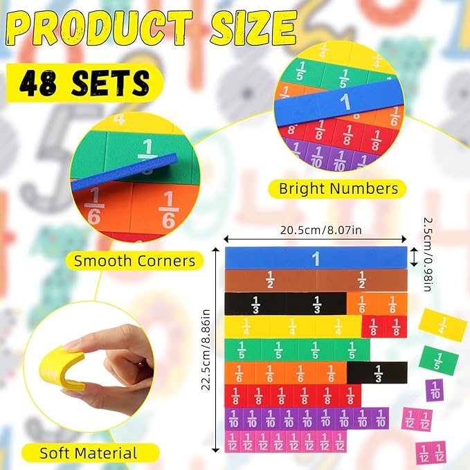 Sayglossy 48 Sets Fraction Tiles Set for Math Classroom Fractions Manipulatives Math Learning Manipulatives for Home School Supplies