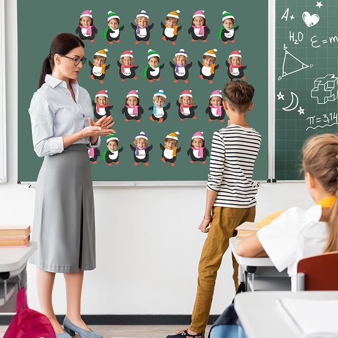 60Pcs Winter Penguin Paper Cutouts Winter Bulletin Board Decoration Colorful Penguin DIY Photo Craft Cutout Christmas Classroom Supplies for Teacher Student School Holiday Party Chalkboard Wall Decor