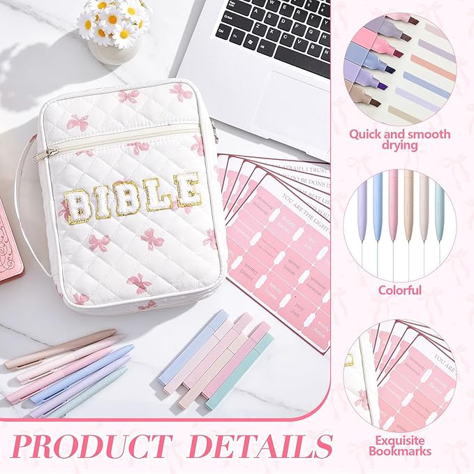 Sinload Quilted Bible Cover Case for Women Large Carrying Bag with Organizer Tabs 6 Colored Pens 6 Highlighters Book Tote Bags with Handle Bible Carry Supplies Christian Gifts(Cute Bow)