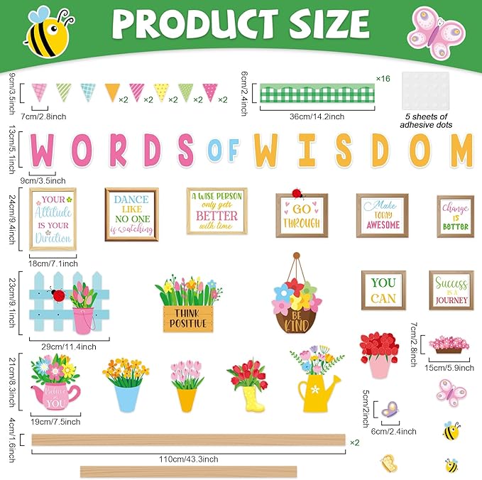 Spring Bookshelf Bulletin Board Words of Wisdom Classroom Bulletin Board Decor Inspirational Quote Flower Bee Cutouts Plant Bulletins Boards for Spring Class Chalkboard Wall Decor Teacher Supplies