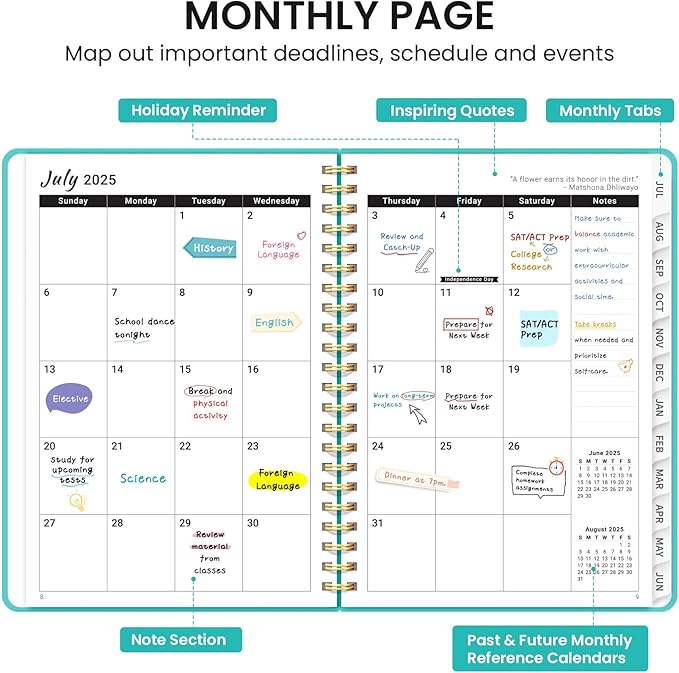 Academic Planner 2025-2026 For Women & Men, Monthly and Weekly Calendar Planner, Jul 2025 - Jun 2026, A4 (8.5" x 11"), Teacher Student Planning Book with Tabs, Ideal for Office School Supplies - Aquamarine