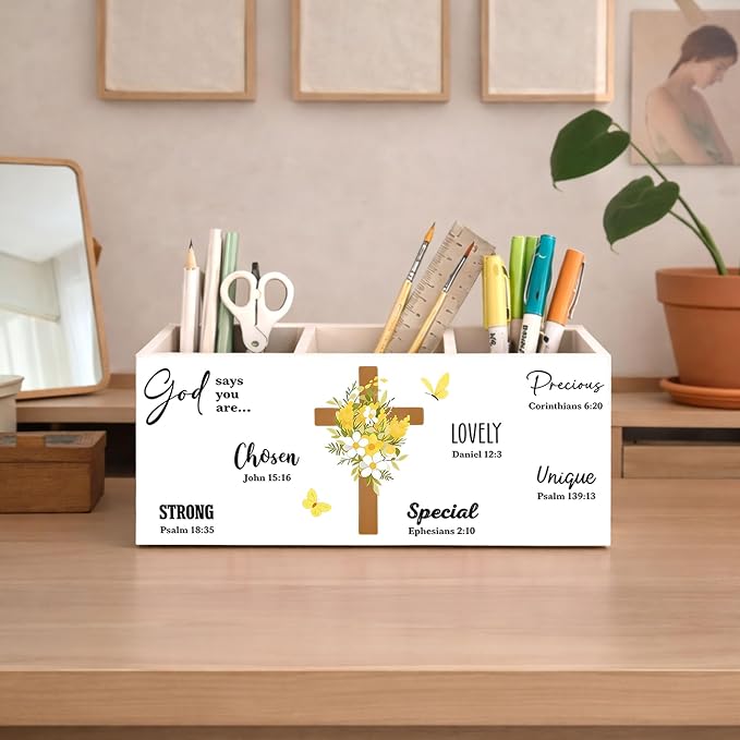 Christian Faith Wooden Desk Organizer | Inspirational Bible Verse Pen Pencil Holder, 3-Compartment Office Supply Storage Box for Desk, Home Office