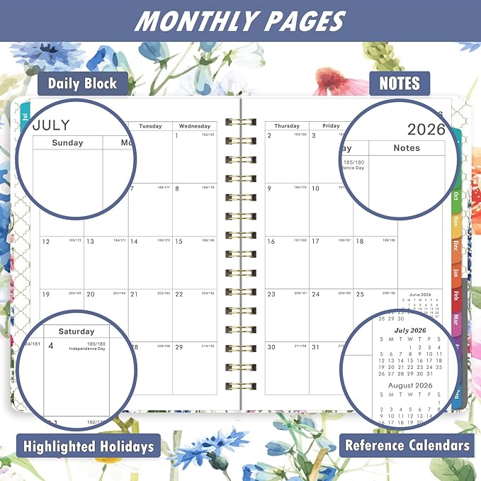 Planner 2026-2027 - Jul. 2026 - Jun. 2027, Academic Planner 2026-2027, 26-27 Planners Weekly and Monthly with Colorful Tabs, 6.3" x 8.4", Hardcover with Back Pocket + Thick Paper + Twin-Wire Binding - Flowers