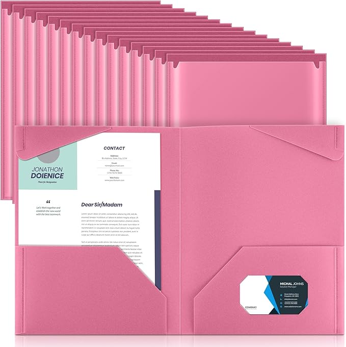 Henoyso 36 Pack Pink Plastic Folders with Clear Front Pockets Heavy Duty File Folders with 2 Pockets and Card Slot for Student Communication School Office Presentation Report